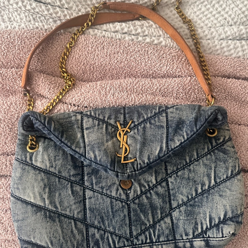 Yves Saint Laurent Distressed Denim Shoulder Bag with Gold Chain